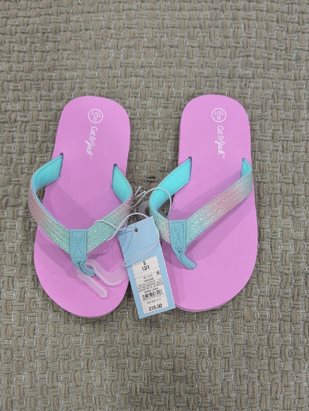 Cat & Jack Pink Flip Flops with Mint Glitter Straps